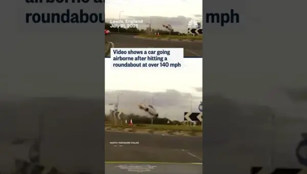 Car Flies Through Air After Speeding Through Roundabout